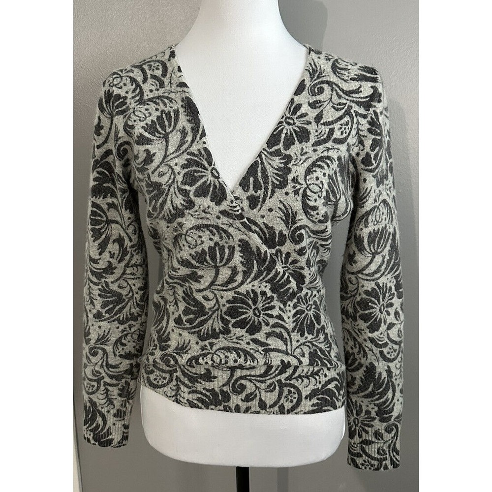 Carol Little Gray Floral Wool/Angora Blend Size S Sweater Faux Wrap V-Neck EUC